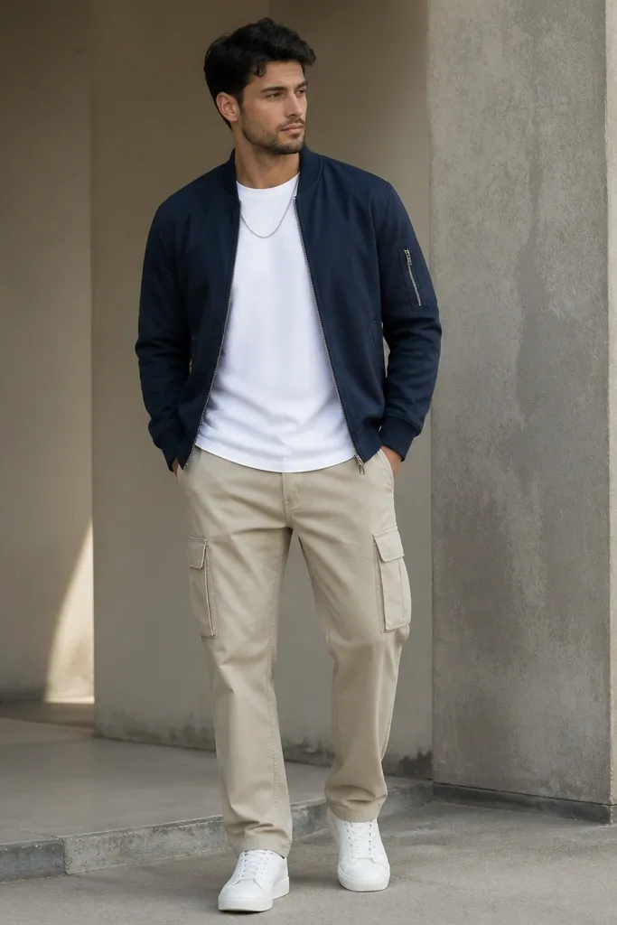 A man in stone beige cargo pants with a thick white t-shirt, layered under a navy bomber jacket. He wears white sneakers and a simple silver chain necklace.
