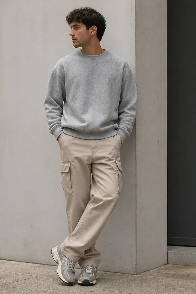 A man wearing beige cargo pants with a medium grey crewneck sweatshirt and grey-white sneakers. The sweatshirt sits slightly oversized but not baggy at the waist.
