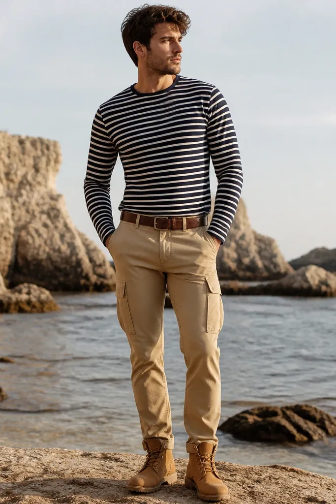 A man wearing beige cargo pants with a navy-and-white striped long-sleeve shirt. He has a brown leather belt and tan boots.