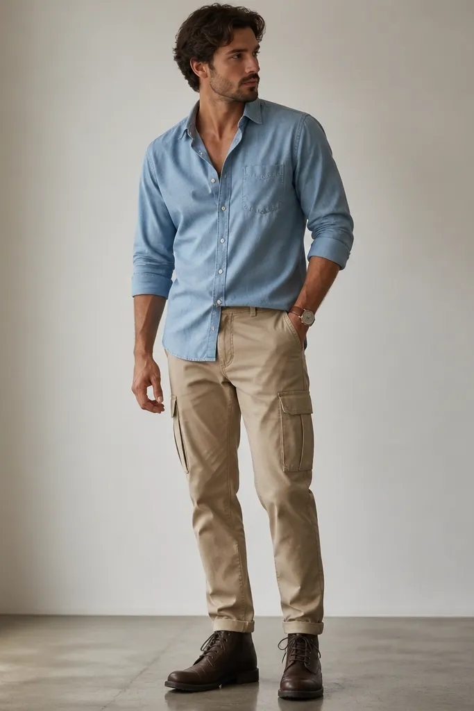 A man wearing beige cargo pants with a light blue chambray button-up worn half-tucked. He has dark brown lace-up boots and a leather watch.