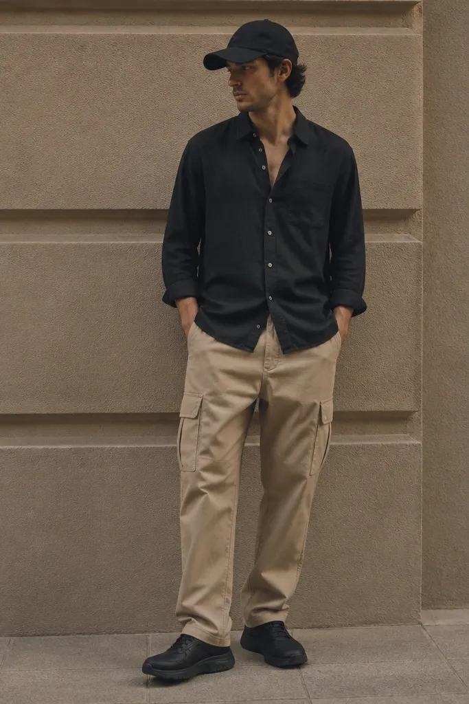 A man wearing beige cargo pants with a black overshirt buttoned halfway. He wears black sneakers and a black cap.