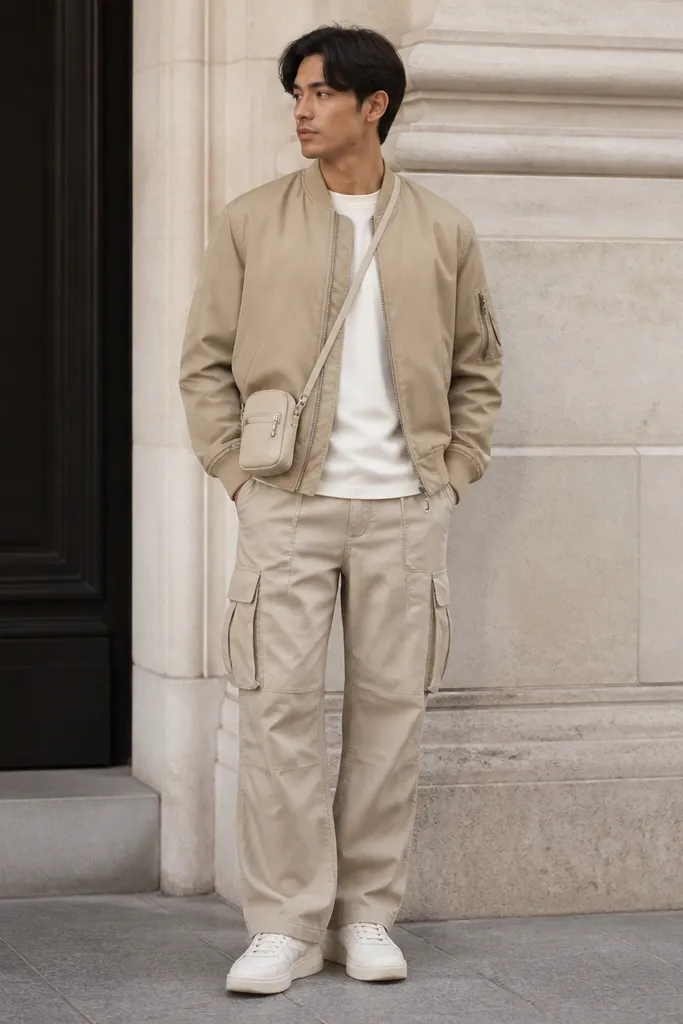 A man in beige cargo pants with an off-white t-shirt and a tan bomber jacket. He wears off-white sneakers and a small crossbody bag.