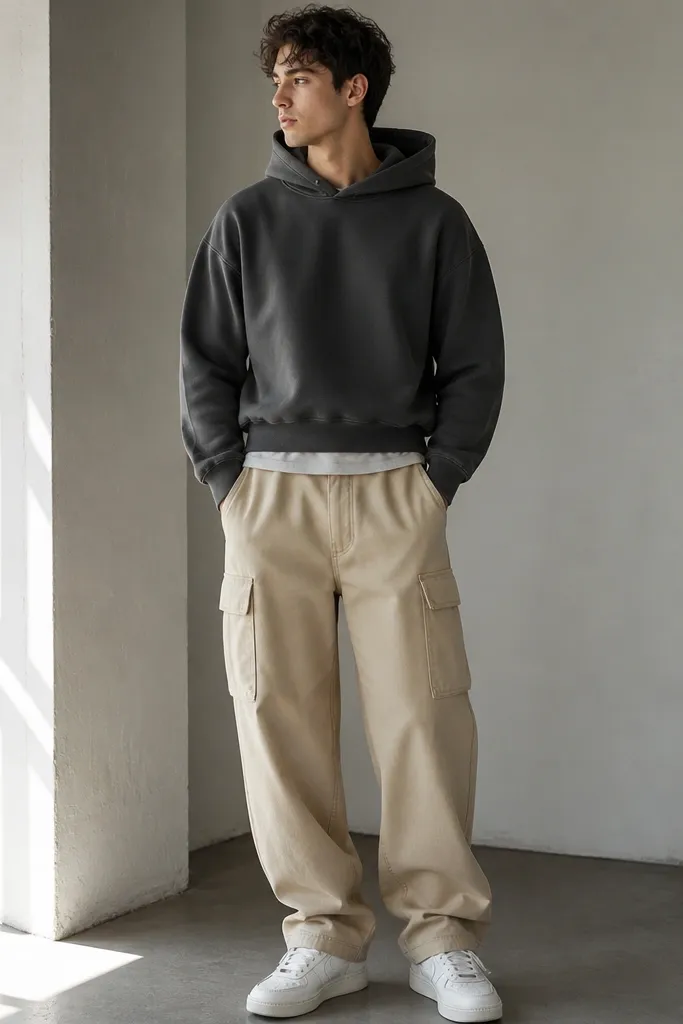 A man wearing beige cargo pants with a charcoal grey hoodie. The hoodie is slightly cropped at the waist, and he wears white sneakers.