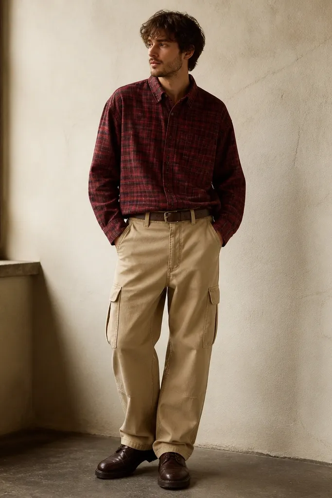 A man wearing beige cargo pants with a burgundy-red flannel shirt, buttoned and slightly oversized. He wears dark brown shoes and a belt.