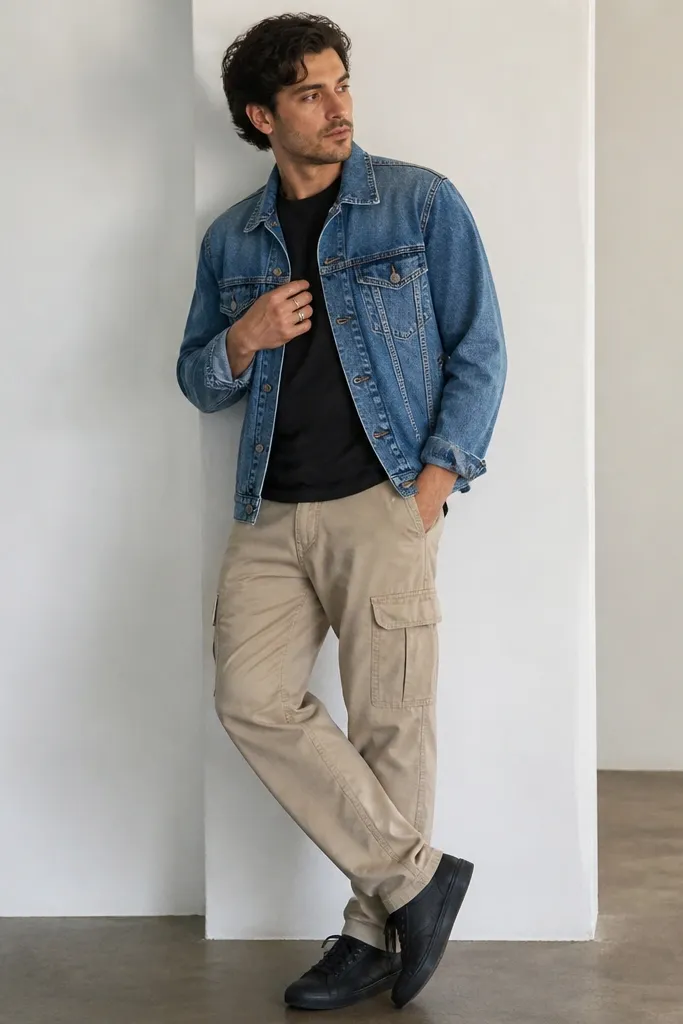 A man wearing beige cargo pants with a black t-shirt and a medium-wash denim jacket. He has black sneakers and a simple silver ring.