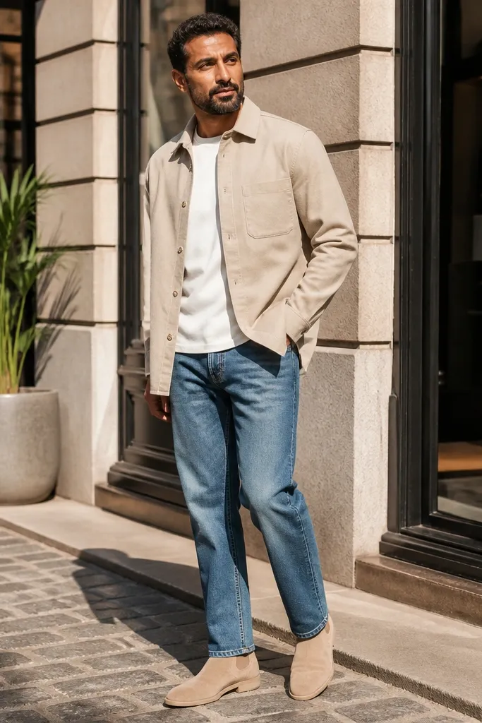 A man wearing beige Chelsea boots with a cream crew-neck t-shirt, a light oat overshirt, and mid-wash blue straight-leg jeans. The hem hits just above the boot tongue, and the outfit looks clean and casual.