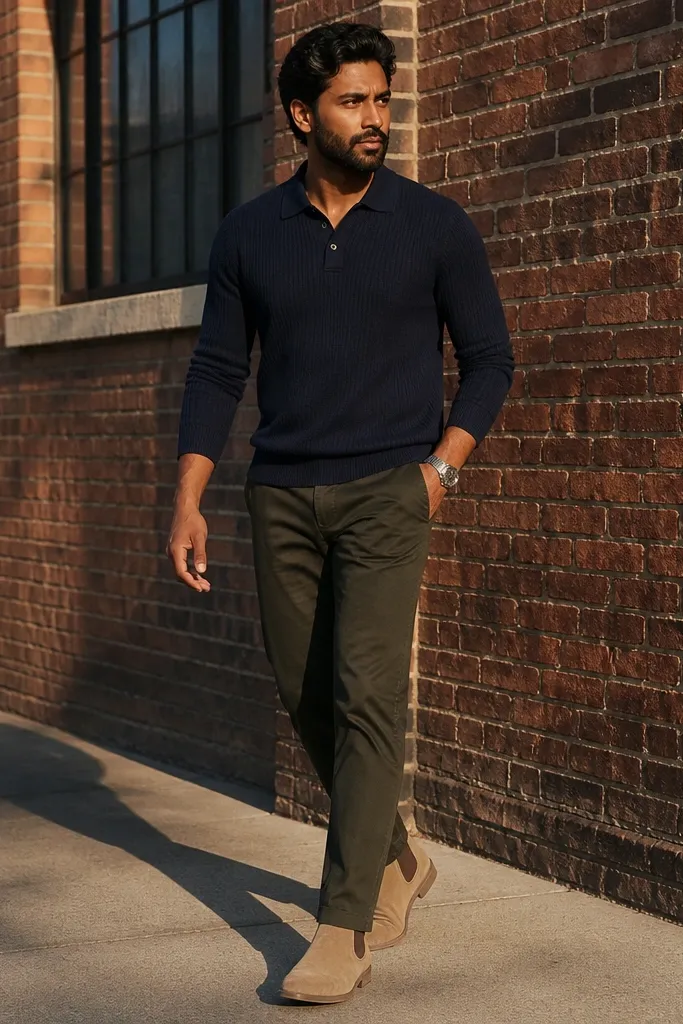Beige Chelsea boots paired with a navy knit polo shirt and dark olive tapered chinos. The polo collar sits flat, and the chinos have a tidy break over the boot.