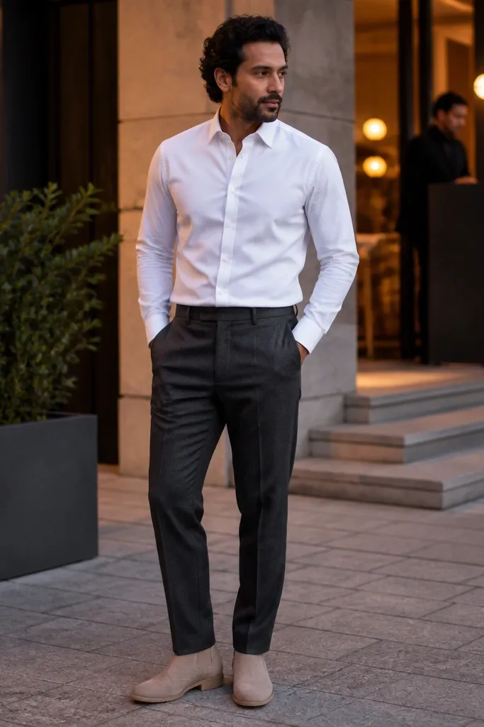 A sharp outfit with beige Chelsea boots under a white button-down Oxford shirt and charcoal wool trousers. The shirt is tucked, and the trousers fall cleanly with a subtle break at the boot.