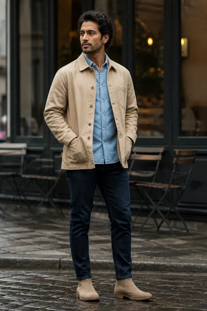 Beige Chelsea boots with a light blue denim shirt layered under a beige chore jacket. The pants are slim dark jeans, and the outfit has a monochrome warm-meets-denim feel.
