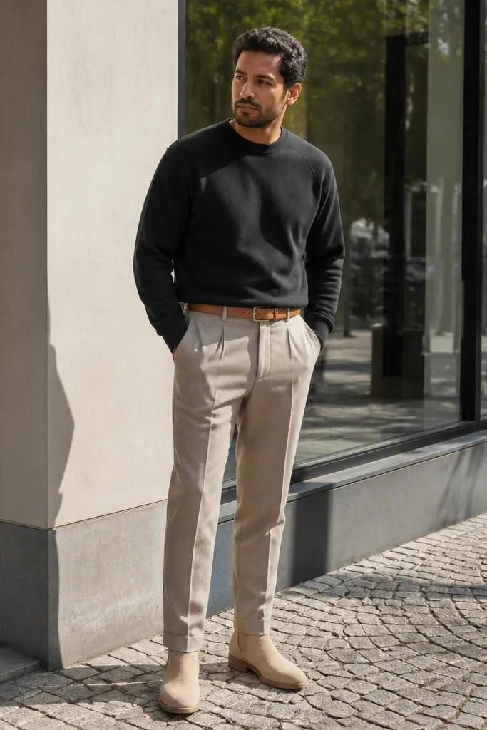 A black crewneck sweater worn with stone-colored trousers and beige Chelsea boots. A tan belt matches the boot undertone, and the trousers have a crisp crease.
