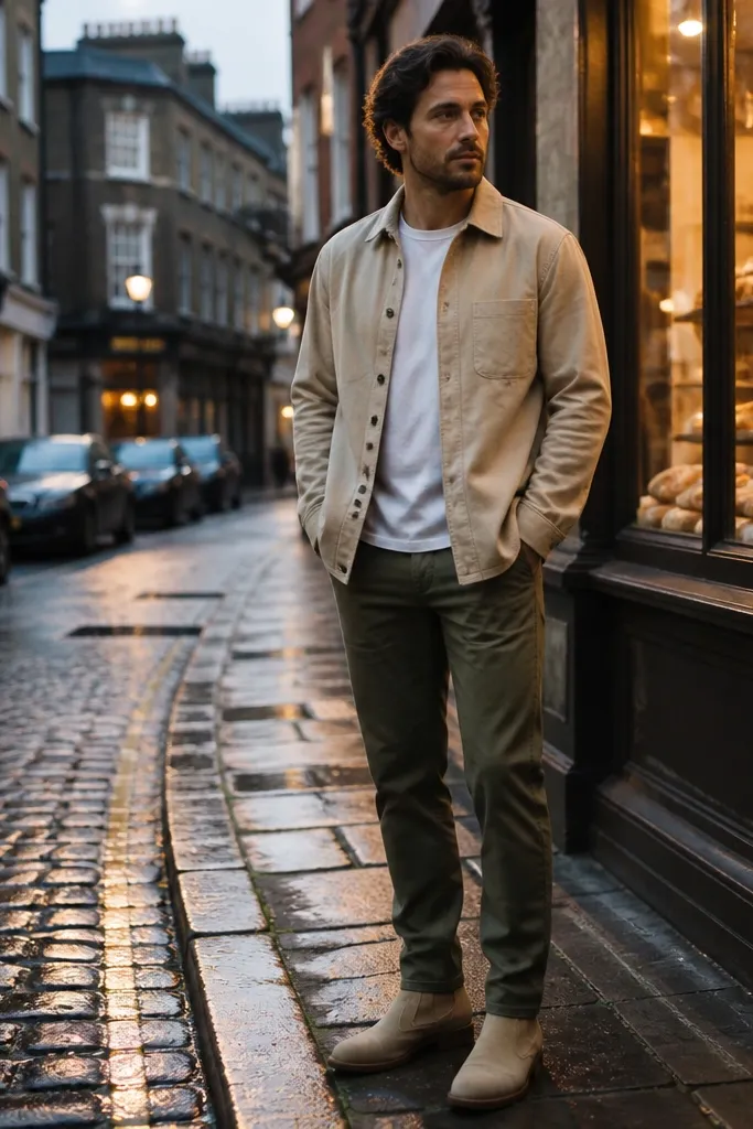 Beige Chelsea boots with an oat overshirt over a white tee. The pants are olive straight-leg jeans, and the overall look is earthy and modern.