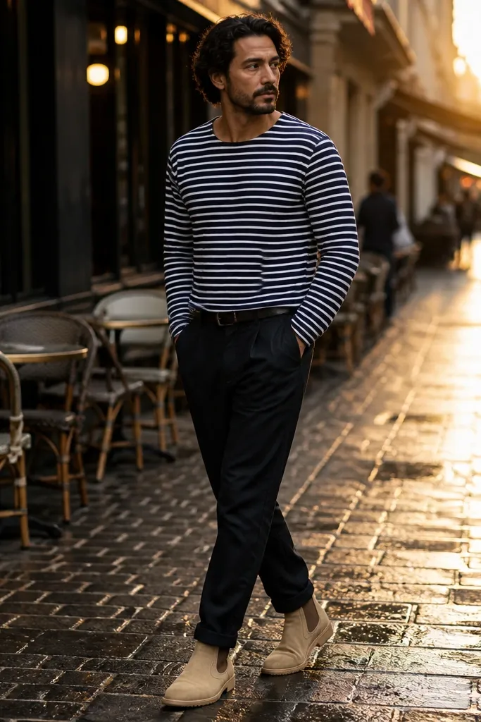 Beige Chelsea boots with a navy-and-white striped Breton tee and black tapered trousers. The stripes are crisp, and the trousers sit neatly at the ankle.