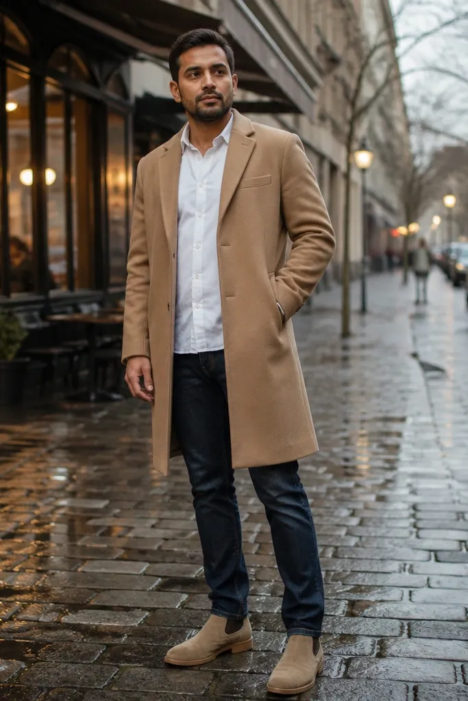 A camel overcoat over a white shirt with dark wash jeans and beige Chelsea boots. The coat is knee-length, and the jeans show a clean break above the boot.