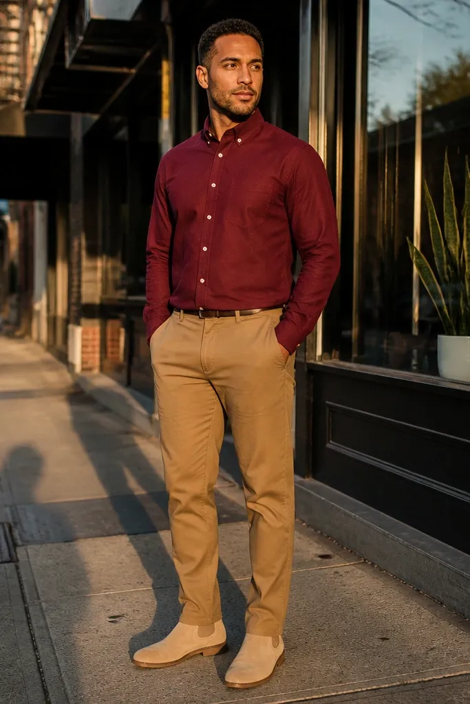 Beige Chelsea boots with a burgundy long-sleeve button-up shirt and tan chinos. The outfit looks warm and dressy-casual, with a clean hem at the boot.