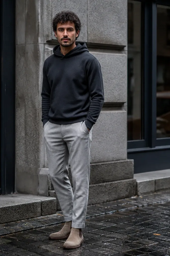 Beige suede Chelsea boots with a charcoal hoodie and light grey trousers. The hoodie sits relaxed, and the trousers have a clean tailored fit.