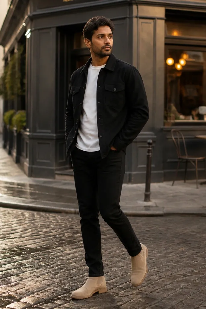 A white t-shirt under a black overshirt, paired with dark jeans and beige Chelsea boots. The outfit has strong contrast and a modern street feel.