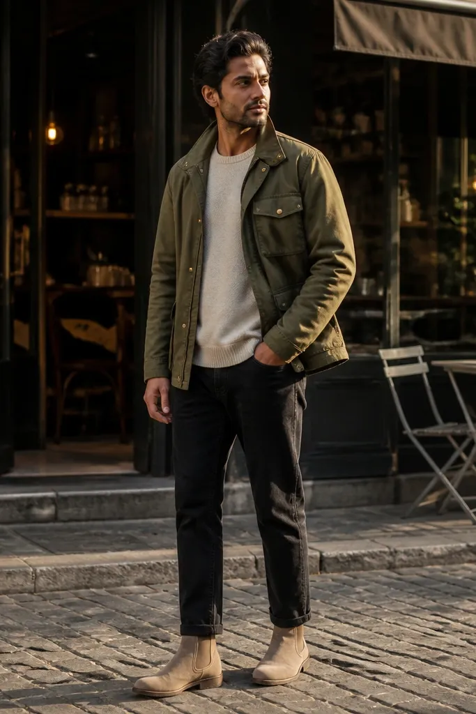 Beige Chelsea boots with an olive field jacket, black jeans, and cream socks. The jacket has utility pockets and a slightly worn-in look.