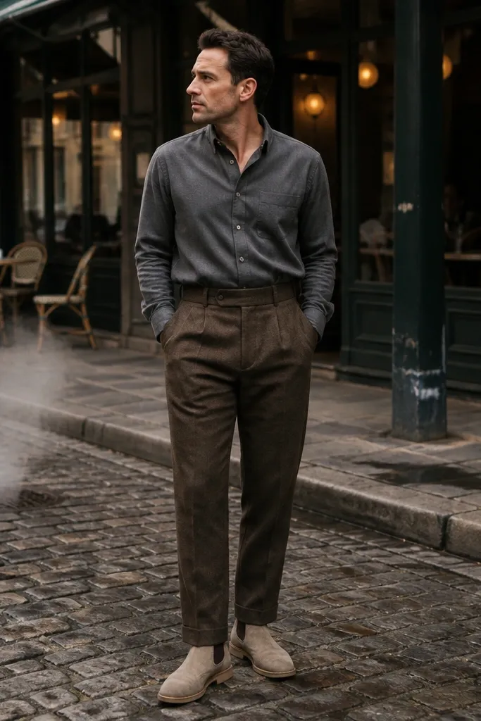 Beige Chelsea boots worn with a grey flannel shirt tucked into brown wool trousers. The outfit looks autumnal and slightly dressy.