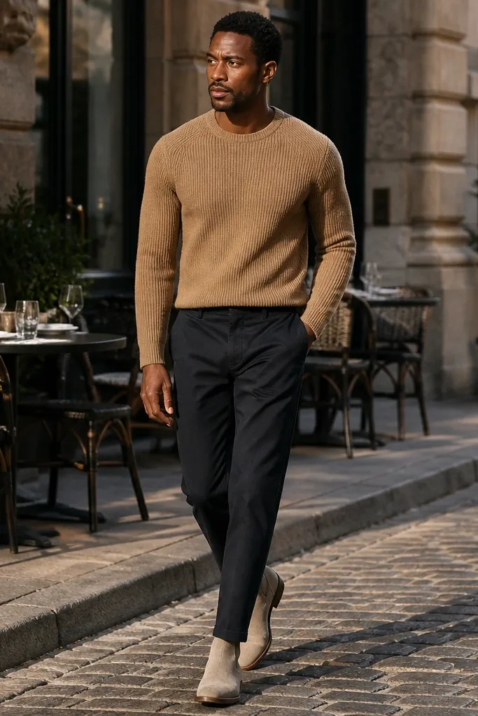 Beige Chelsea boots with a tan knit sweater and dark navy chinos. The outfit has a warm top, cool bottom, and clean ankle line.
