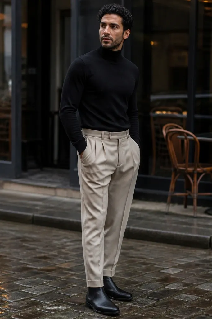 Beige Chelsea boots under black turtleneck sweater and beige pleated trousers. The trousers have a visible pleat and a tailored drape.
