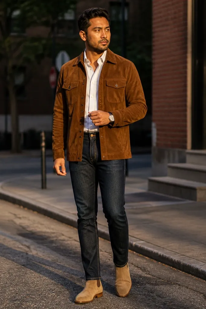 Beige Chelsea boots with a brown suede jacket over a white chambray shirt and dark jeans. The textures look layered and warm.