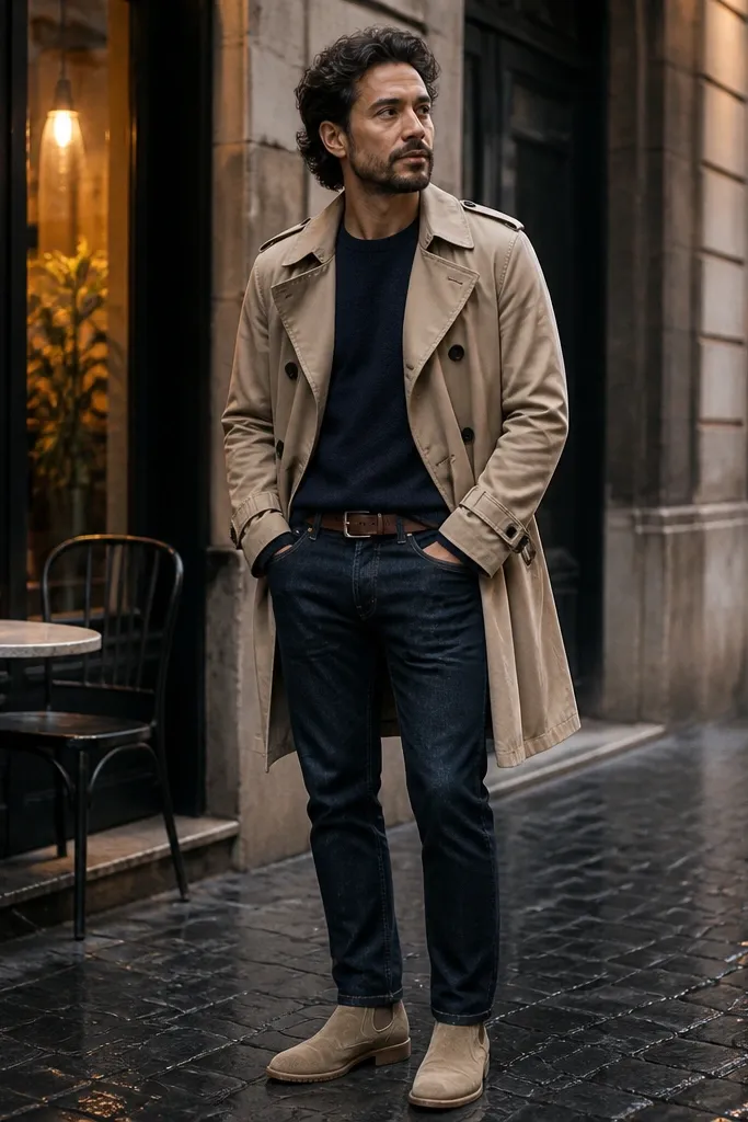 A khaki trench coat over a navy sweater with dark denim and beige Chelsea boots. The trench length reaches mid-calf and the boots peek out below.