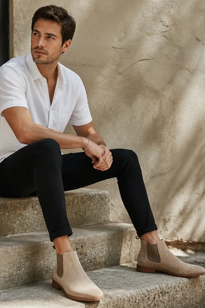 Beige Chelsea boots with a white short-sleeve button-up and black slim jeans. The outfit looks summer-to-fall transitional, with a clean ankle line.