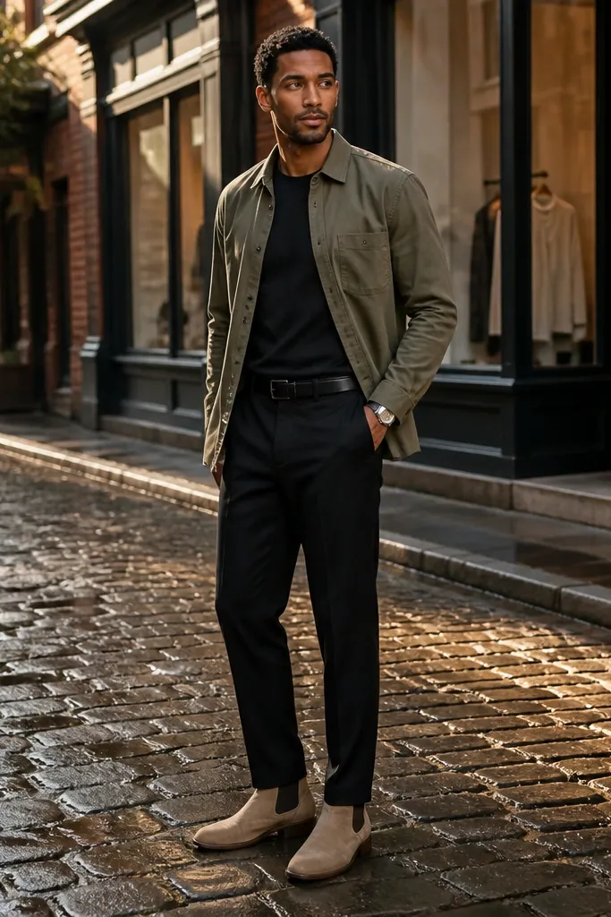 Beige Chelsea boots with an olive overshirt worn over a black base layer and black trousers. The look is clean, monochrome at the bottom with olive on top.