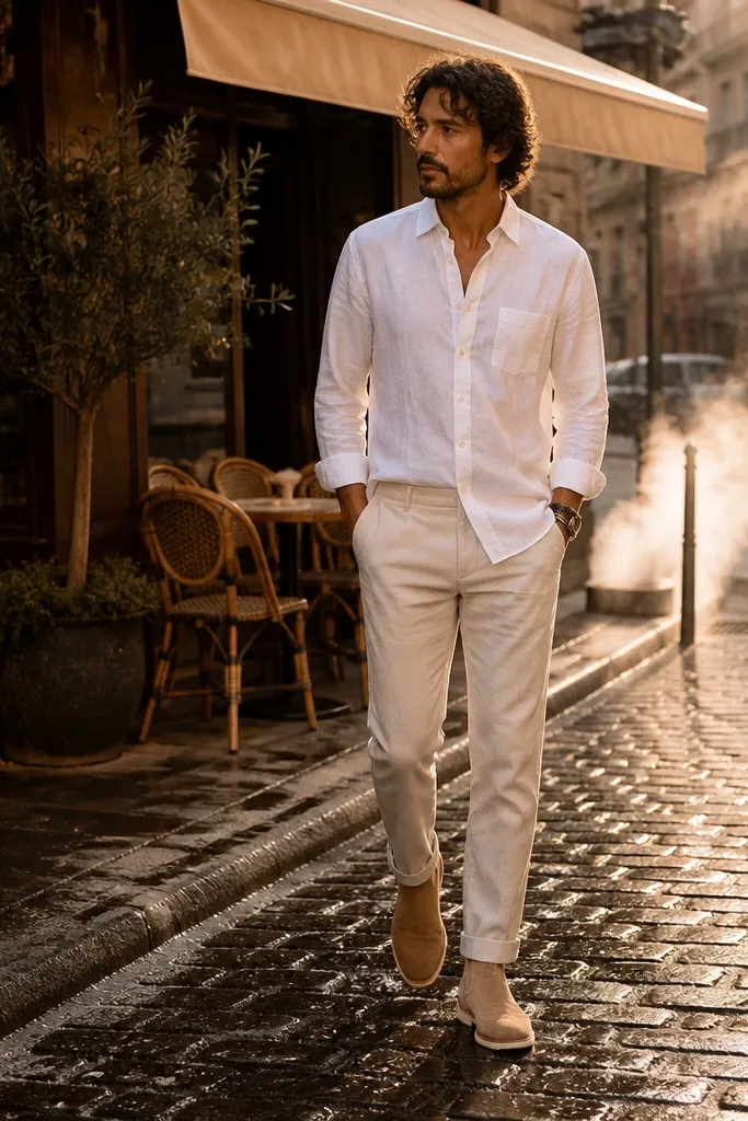 A man in a crisp white linen button-up with sleeves rolled to the forearm, tucked into light stone tailored trousers. He wears sand suede Chelsea boots with elastic side panels and a low stacked heel. A thin tan leather belt matches the boot color; the look is photographed outdoors with soft daylight showing the suede nap.