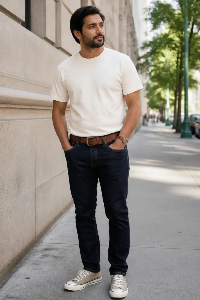 Cream T-shirt with dark indigo jeans, beige Converse, and a brown belt