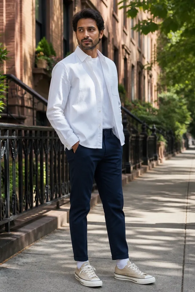 White overshirt over a white tee with navy chinos and beige Converse