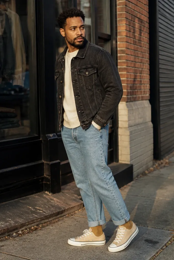 Black denim jacket with light-wash jeans, beige Converse, and tan socks