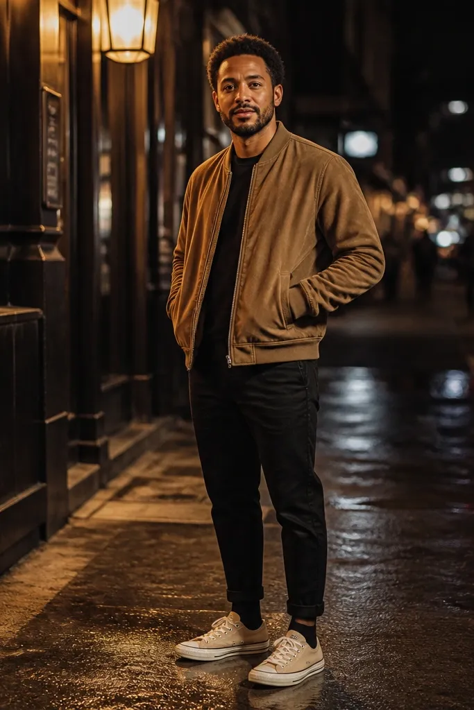 Tan bomber jacket with black jeans and beige Converse with black socks