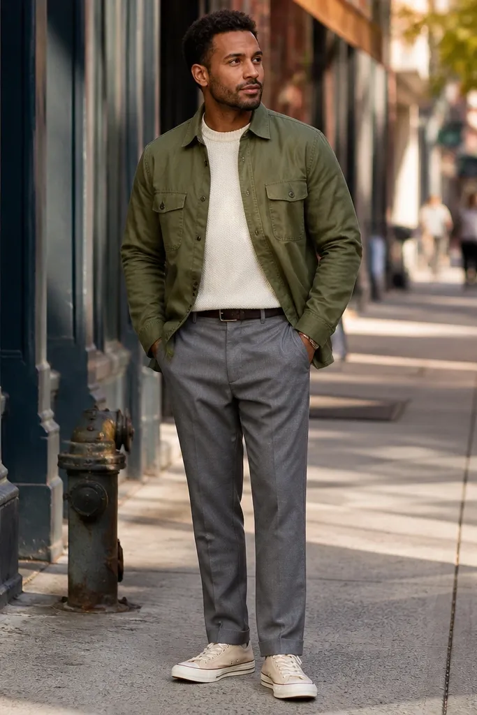 Olive overshirt over a shirt with grey straight trousers and beige Converse