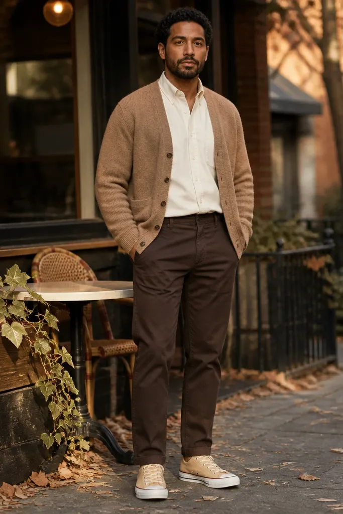 Camel cardigan over an ecru shirt with chocolate chinos and beige Converse