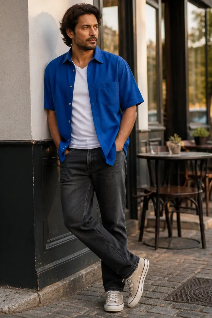 Cobalt button-up over a white tee with charcoal jeans and beige Converse