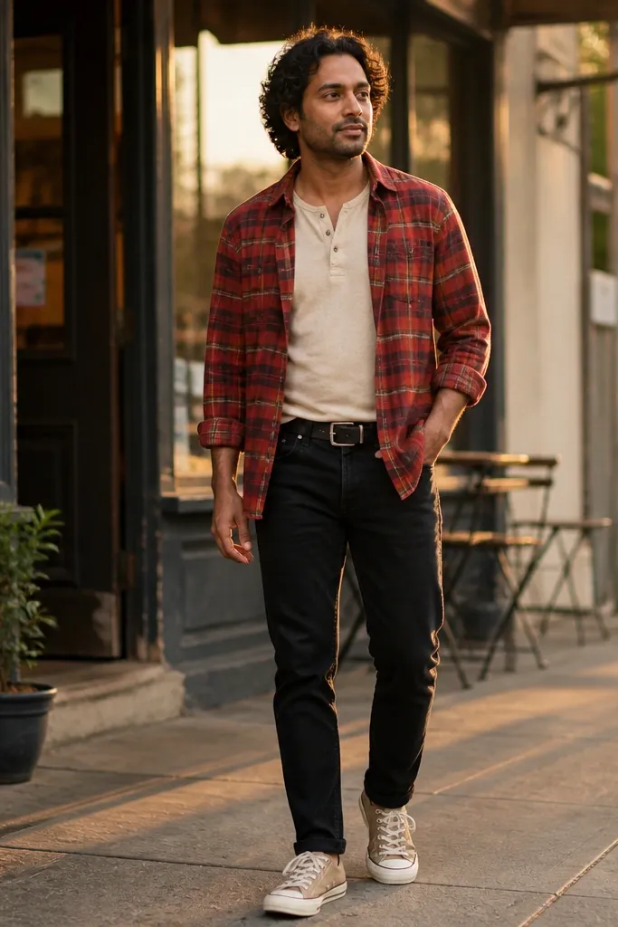 Red flannel shirt with black jeans, beige Converse, and a black leather belt
