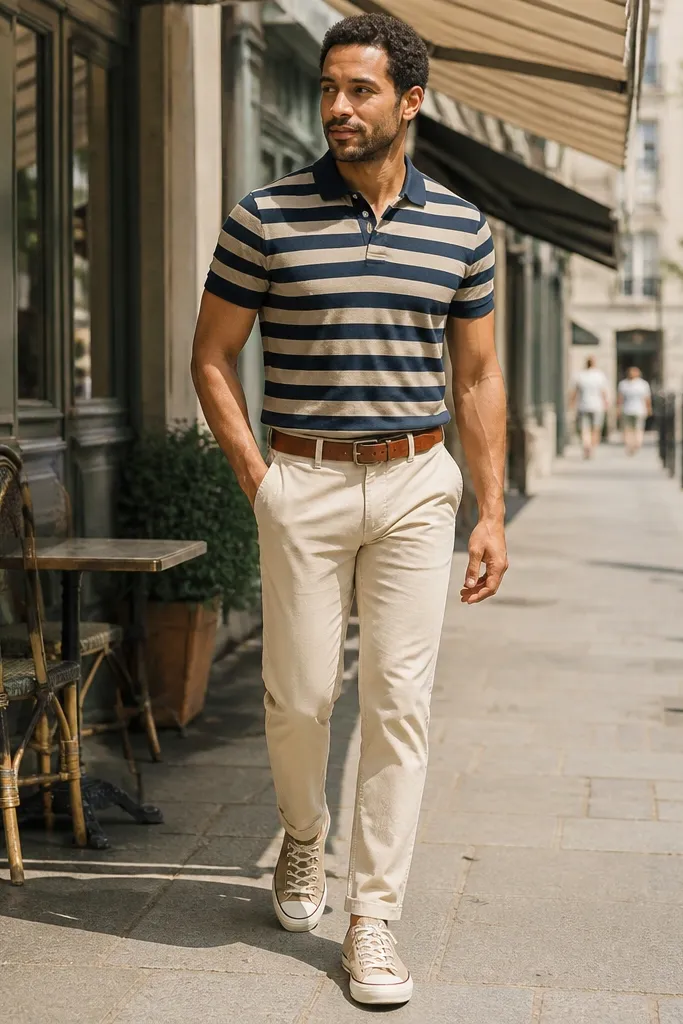 Navy and beige striped polo with beige chinos and beige Converse