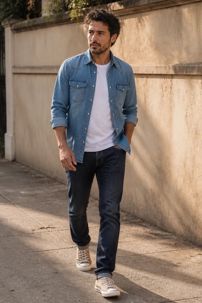 Light blue denim shirt over a white tee with dark wash jeans and beige Converse