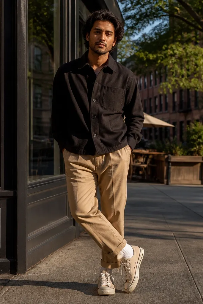 Black overshirt with tan trousers and beige Converse