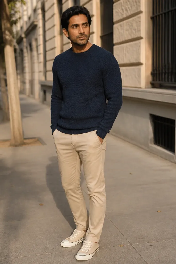 Navy knit sweater with light khaki chinos and beige Converse