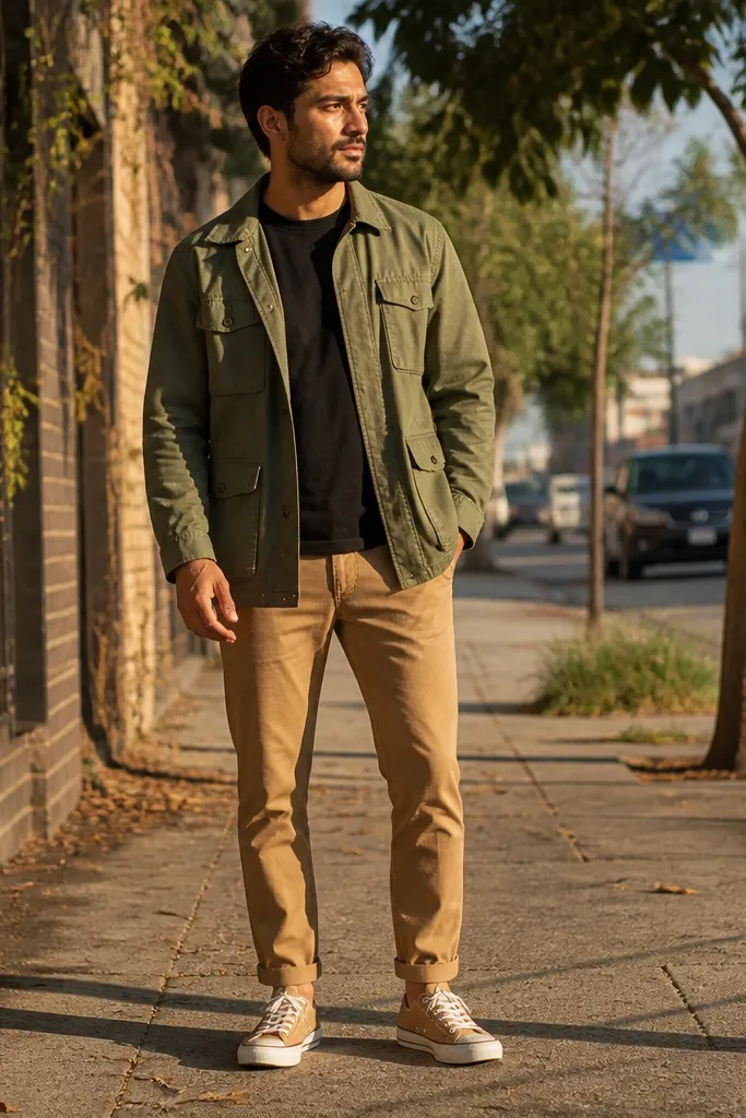 Black T-shirt with olive fatigue jacket and tan chinos plus beige Converse