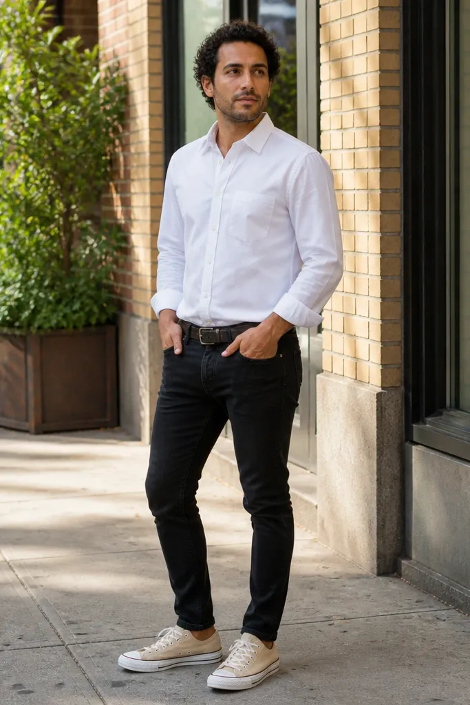White button-down with black skinny jeans and beige Converse