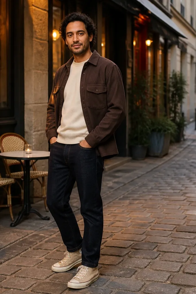 Chocolate overshirt over a cream crewneck with dark navy jeans and beige Converse