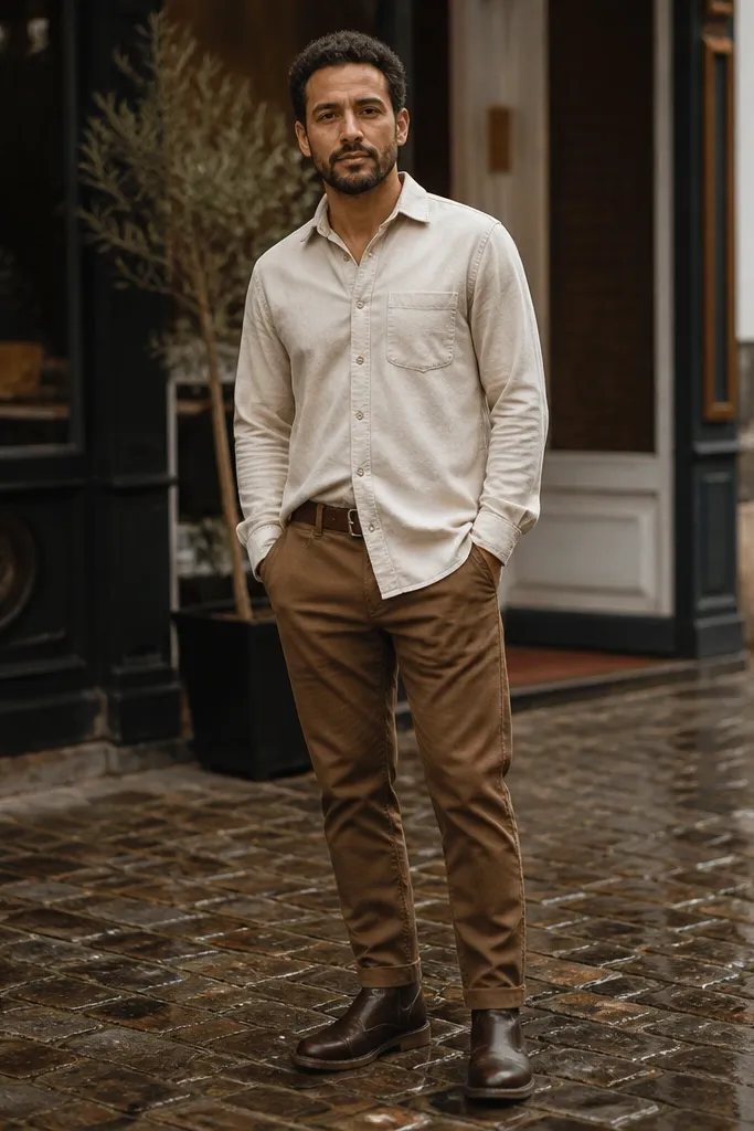 Cream flannel shirt with dark tan chinos and espresso leather boots