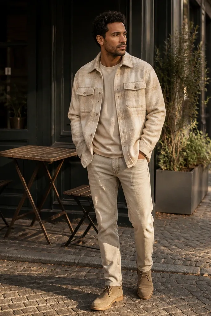 Oatmeal flannel overshirt over a sand tee with sand denim jeans and tan suede chukkas