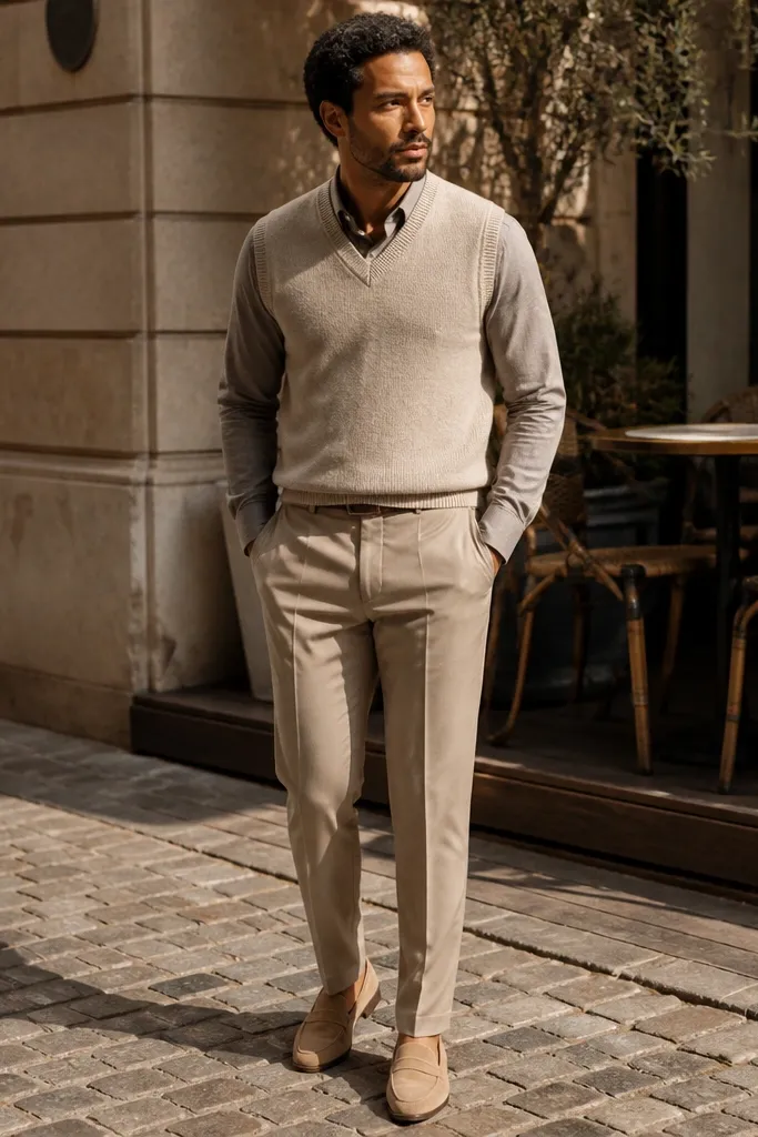 Greige flannel shirt under a beige knit sweater vest with sand trousers