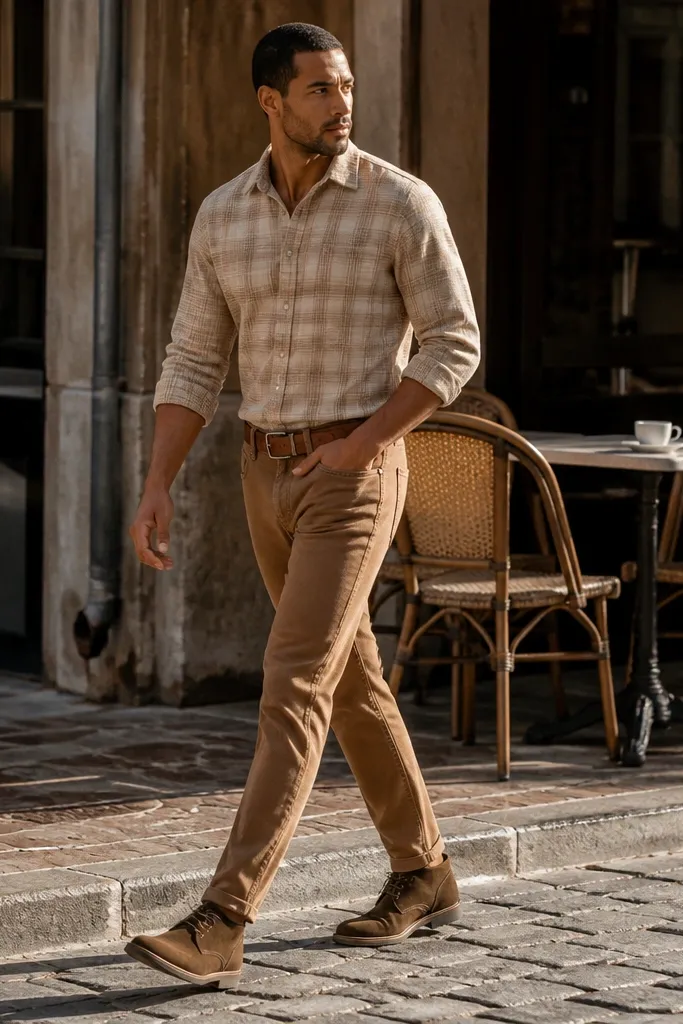 Beige flannel t-shirt with caramel jeans and brown chukka boots