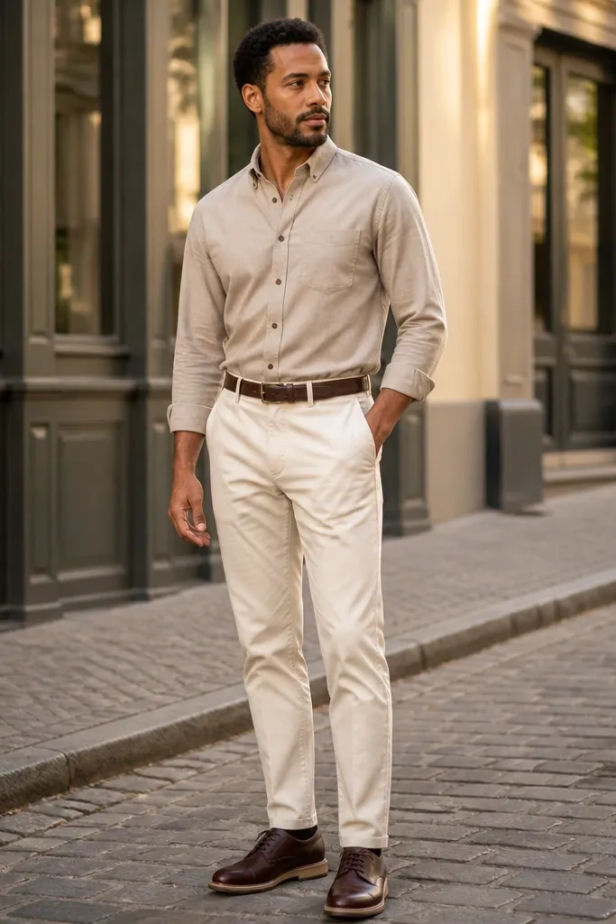 Stone beige flannel shirt with off-white chinos and dark brown derby shoes