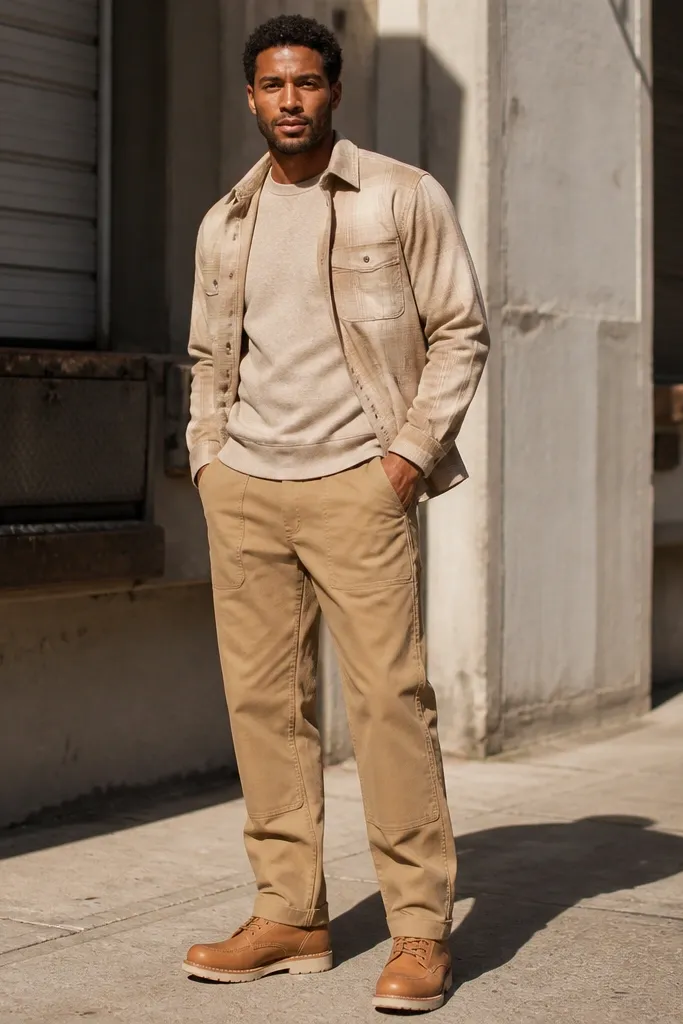 Beige flannel overshirt over an oatmeal crewneck with tan workwear pants